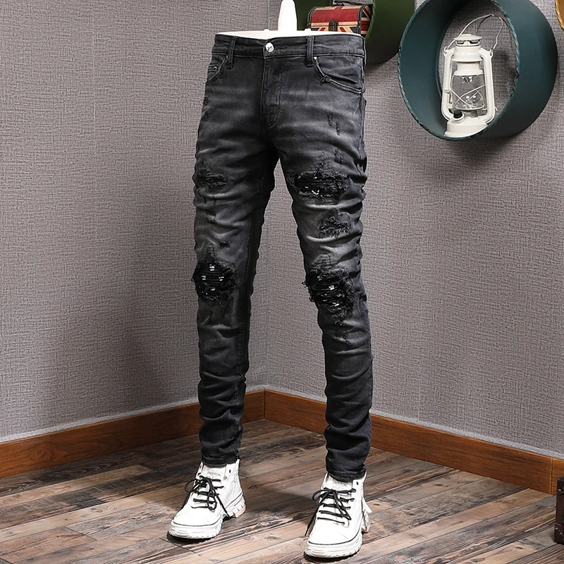 Street Style Fashion Men Jeans Retro Black Gray Elastic Slim Fit Destroyed Ripped Jeans Men Patch Designer Hip Hop Denim Pants