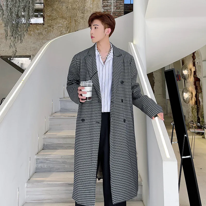 

Autumn and winter light mature style suit collar loose double-breasted mid-length windproof men's plaid trench coat