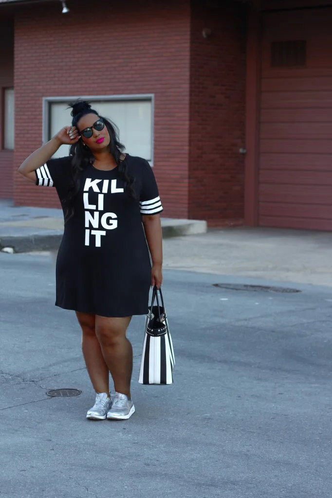 

ChocoMisty-LadyPlus Plus-size Dresses Letter Print Striped Mini Dress TC067