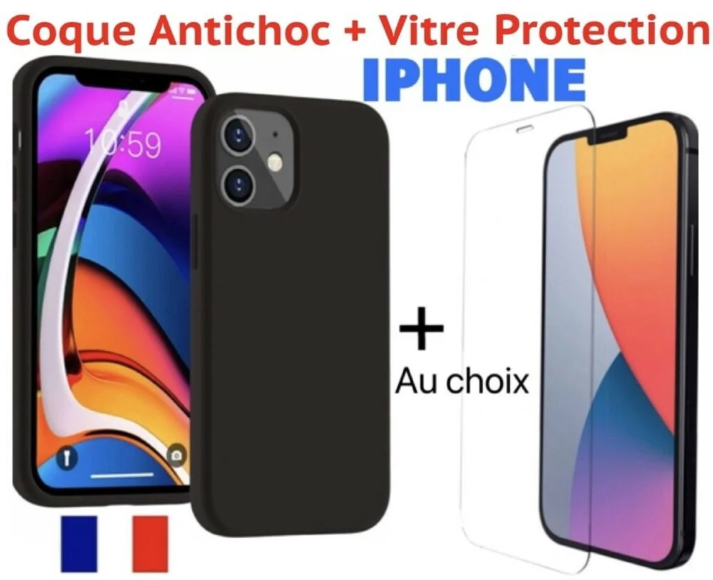 

Coque Noir iPhone 11 12 Pro max SE XS Max XR 8 7 6 + Vitre verre trempé écran