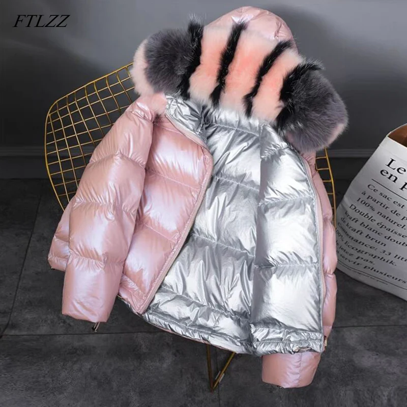 FTLZZ, зимняя куртка, белый утиный пух, парка для женщин, золото, серебро, двухстороннее пальто, большой, с мехом, с капюшоном, женский пуховик, большой размер