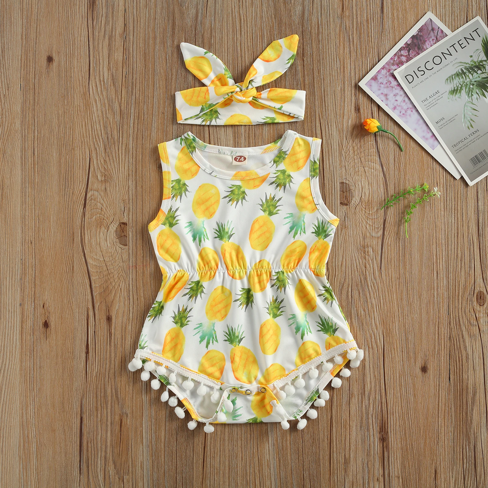 

2Pcs Infant Baby Gilrs Fruit Print Romper Bow Knot Headband O Neck Sleeveless Infant Toddler Rompers Jumpsuits 0-24M