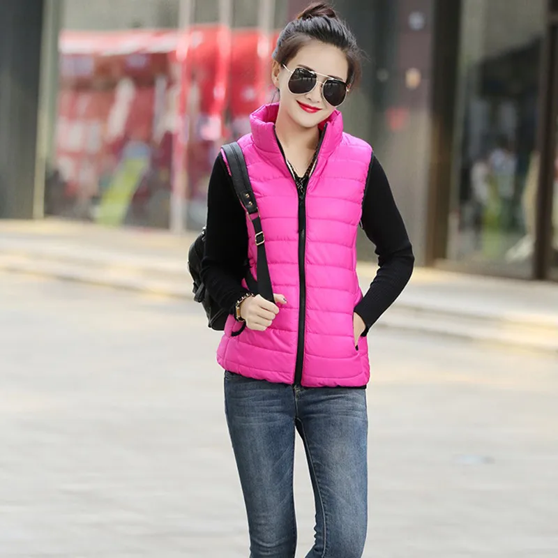 Женский жилет осенне зимняя куртка короткая однотонная с воротником стойкой из