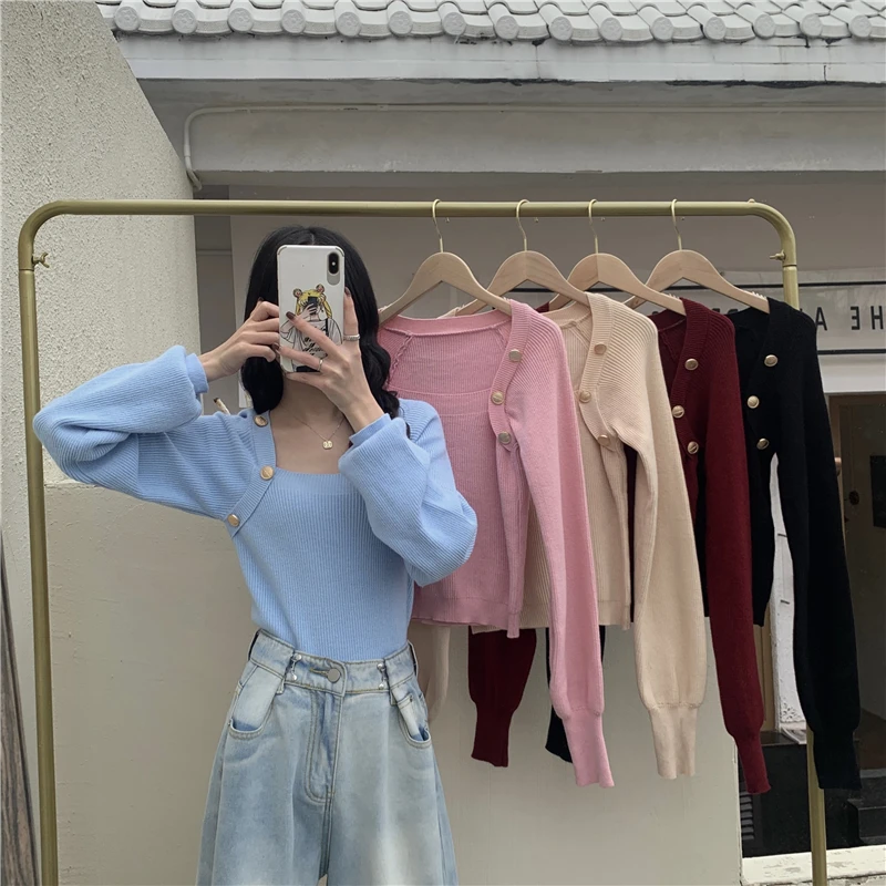 

autumn winter square collar Slim knitted ladies tops causal long sleeve solid pullovers fashion brand sweaters for women Korean
