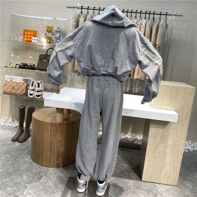 

Brandoriginaldesign Minimized Age Tassel Color Back Waist Hooded Coat + Wrap Chest + Bar Contrast Color Casual Pants 3 Suits