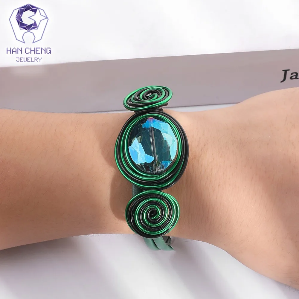 Женский кожаный браслет ручной работы HanCheng с подвесками из хрустальных бусин