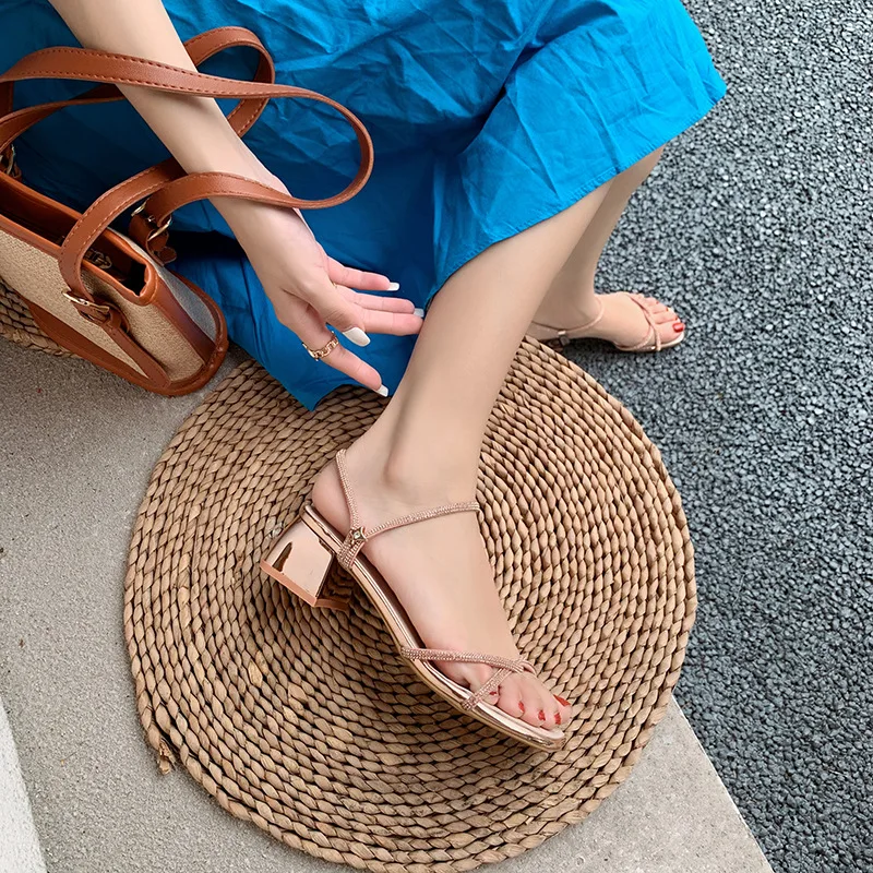 2021 Sandals All-Match Ladies Shoes Summer Strappy Heels Suit Female Beige Med New  Comfort Girls Black Fashion Elastic Band Rhi