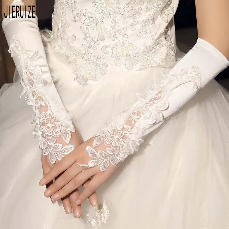 Фото Короткие атласные свадебные перчатки JIERUIZE для женщин кружевные без пальцев