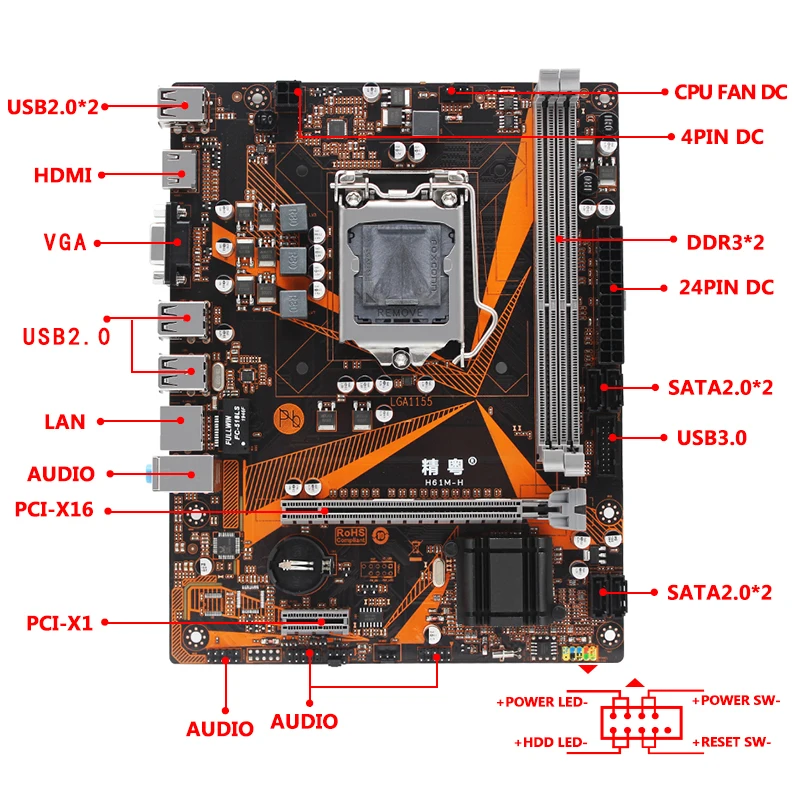 H61материнская плата LGA 1155 двухканальная память DDR3 микро atx интегрированная