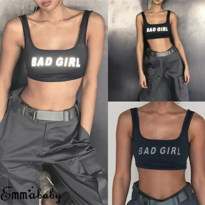 Женский светоотражающий топ на бретельках майка без рукавов с буквенным принтом