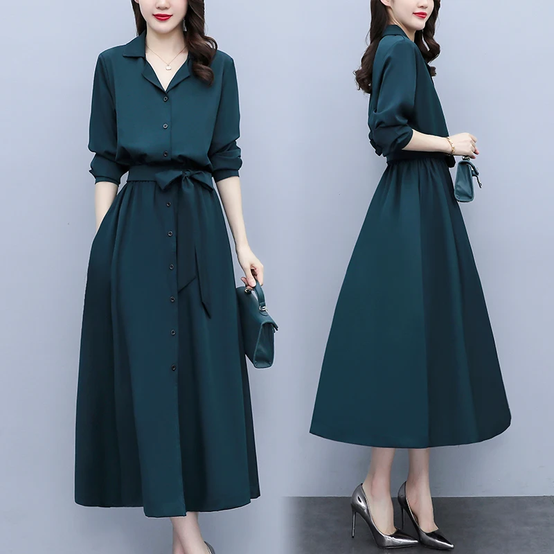 

Женское платье с длинным рукавом, зеленое платье-рубашка с юбкой, вечернее платье для вечевечерние НКИ, на осень