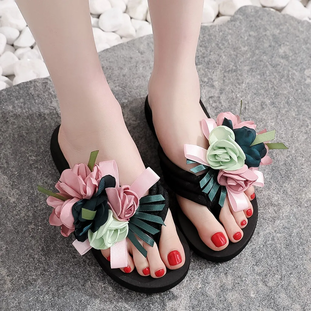 

Ladies Flat Bottom with Breathable Non-slip Mixed Color Flower Beach Shoes Home Slider Sandals Wear Flip-flops Women Summer