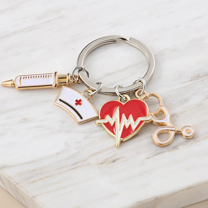 

New Doctor Keychain Medical Tool Key Chain Heartbeat Stethoscope Syringe Nurse Cap Key Ring Nurse Gift DIY Handmade Jewelry