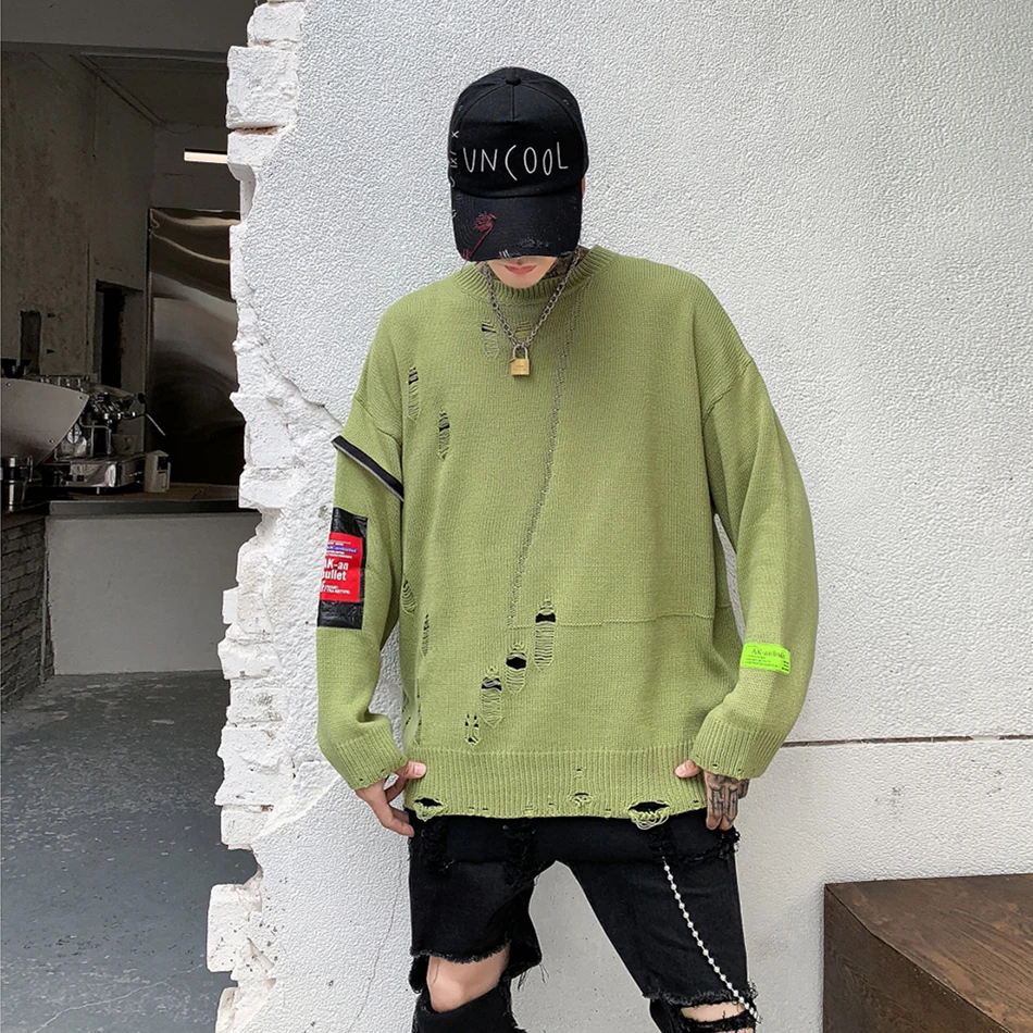 Мужской свободный свитер с круглым вырезом и дырками в стиле пэчворк корейский