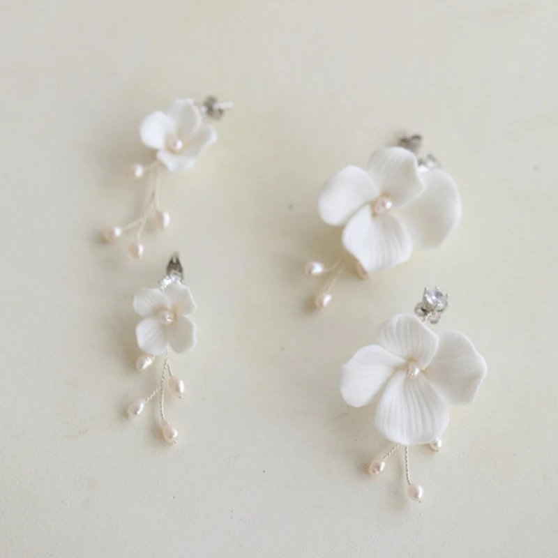 

Delicate Freshwater Pearls Jewelry Bridal Earrings White Floral Wedding Accessories Women Drop Earring