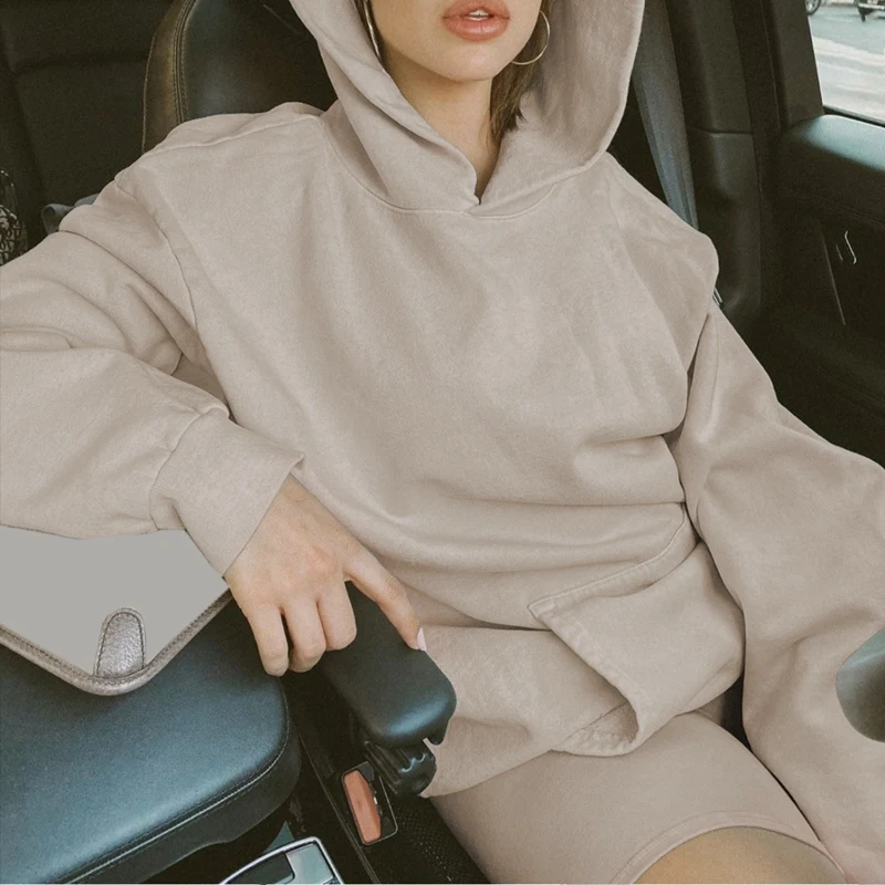 

Fashion Solid Color Long Sleeve Hooded Pullover Sweater High Waist Shorts Sportswear Two-Piece Autumn