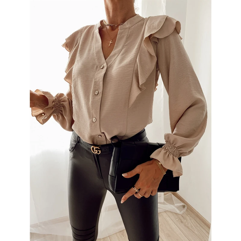 

2021 Street Fashion Women Elegant Blouse Ladies Ruffle Autumn Long Sleeve V Neck Sweater Casual Button Solid Color Shirt