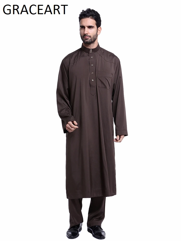

Muslim Set Robe Abaya for Men Jubba Thobe Middle East Kaftan Arab Adult Long sleeve Islamic Clothing