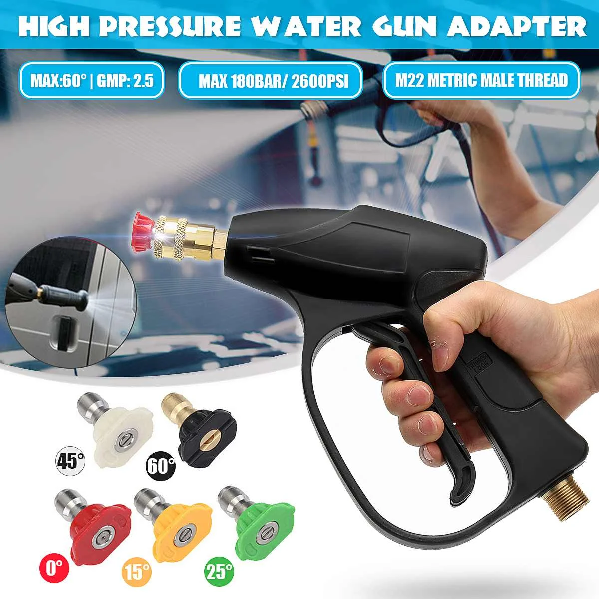 

3000PSI High Pressure Washer Water Guns 1/4" Quick Connect M22 Adapter with 5 Nozzles Tips for Karcher Car Washer Foam Lance