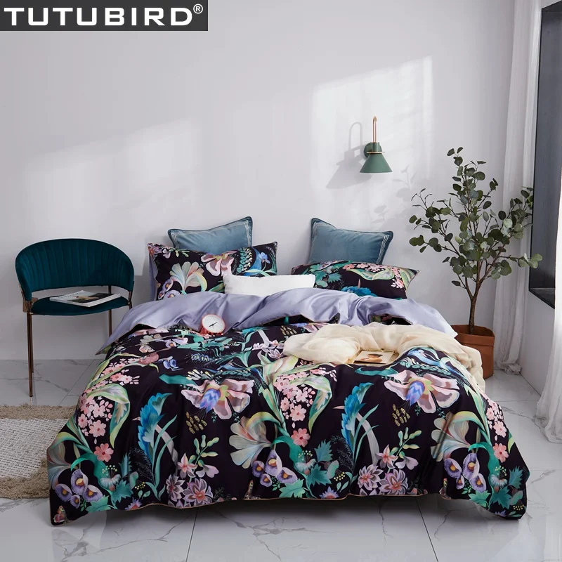 Black floral bedding set Egyptian cotton fabric pillowcases flower print pastoral bed linen duvet cover queen king size | Дом и сад