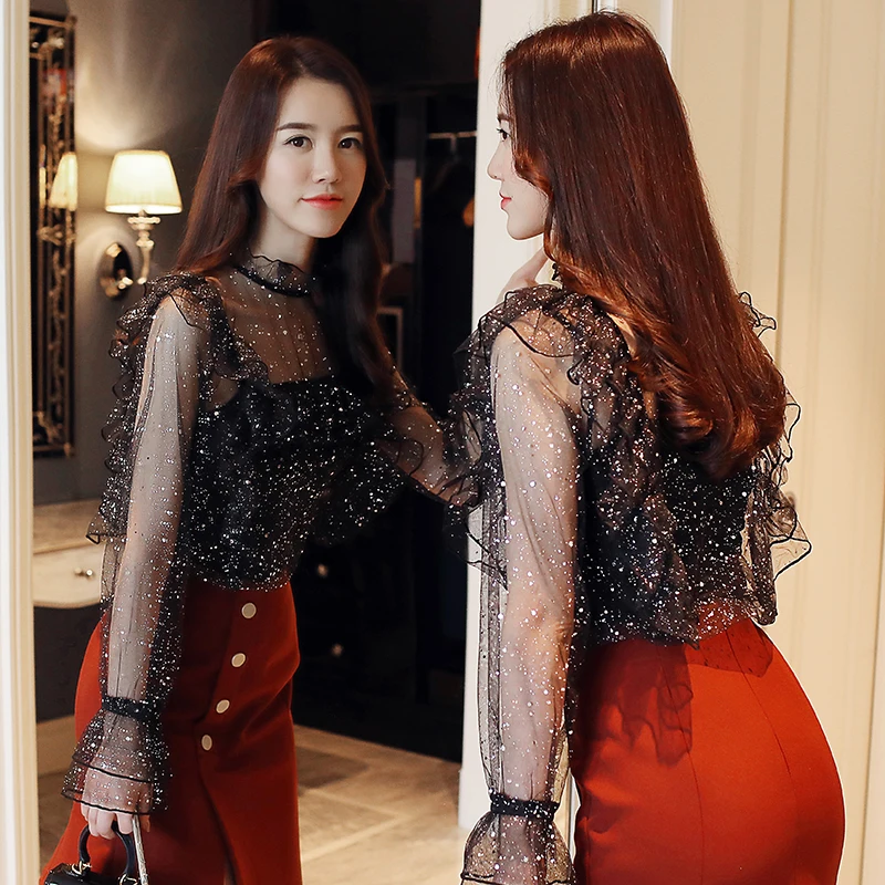 Новые Сексуальные женские блузки блестящий прозрачный сетчатый топ с длинным