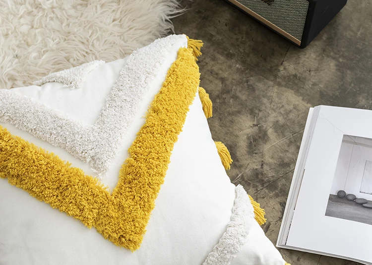 Подушка ручной работы, чехол в марокканском стиле, абстрактный зигзаг, темно-синяя наволочка с кисточками, бахрома, квадратная Прямоугольная подушка, Чехол 45x45 см/30x50 см, украшение для дома, горчичный цвет