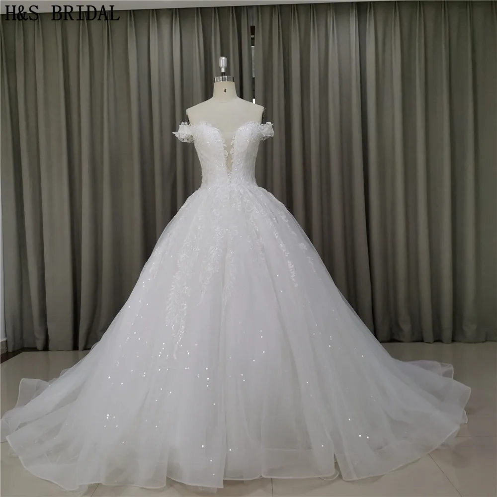 H &amp S свадебное платье с открытыми плечами кружевное v-образным вырезом белое