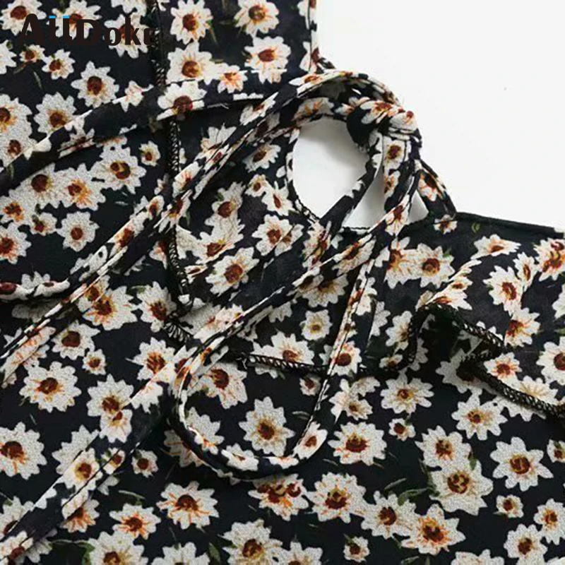 

ALLDOKE black floral print A line dress women summer high waist v neck ruffles sexy backless vintage short dresses vestidos