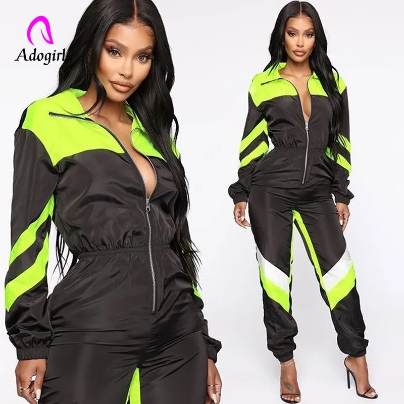 Неоновый цветной спортивный костюм Свободные Комбинезоны женские на молнии с