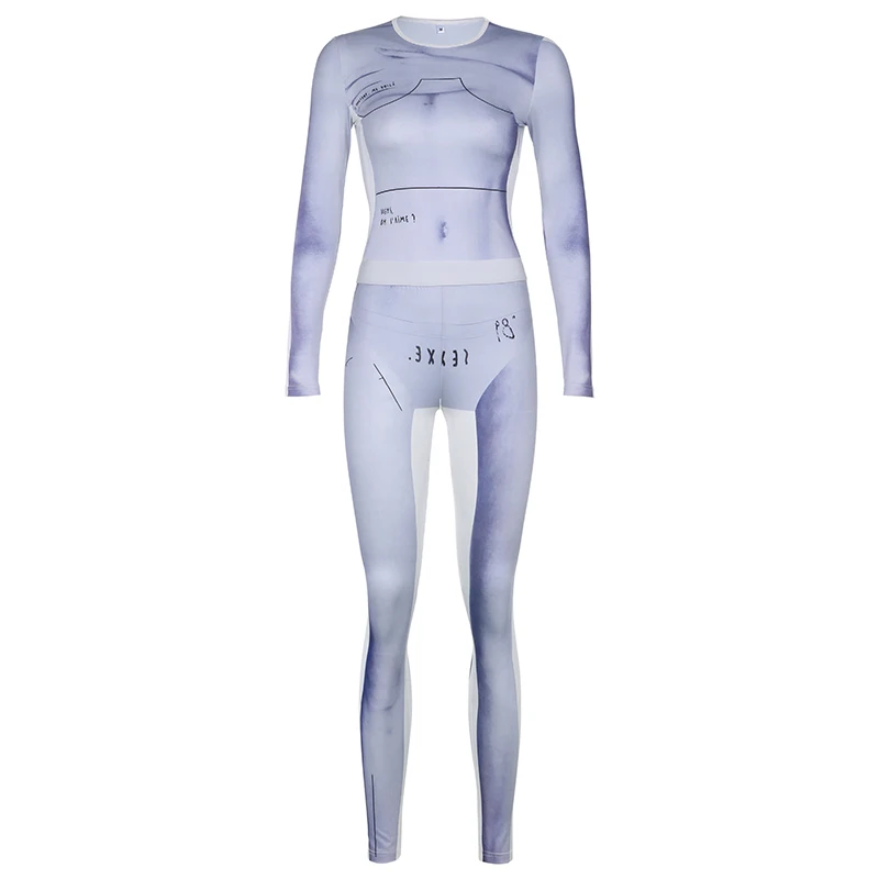 

BIIKPIIK Skinny Print White Two Piece Set Long Sleeve Autumn Casual Lounge Wear Blouses And Long Pants Matching Suits Female Kit
