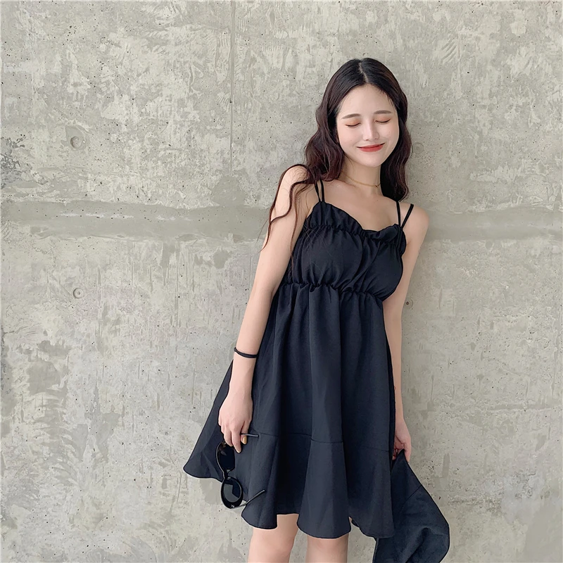 summer v-neck solid color sweet spaghetti strap mini-dress fashion brand Back cross Women's Clothing modis vestidos Korean style | Женская