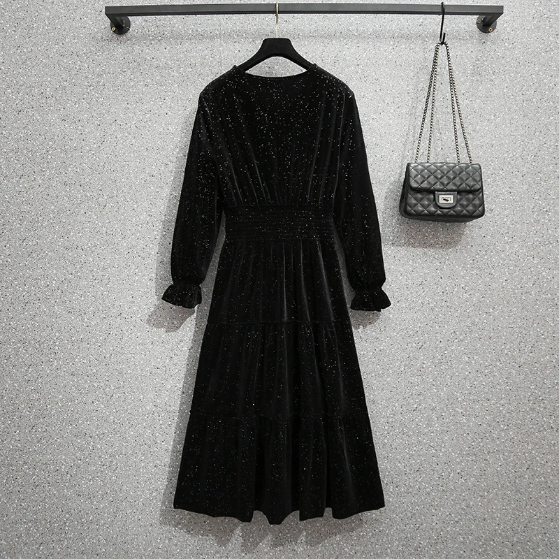 

5XL Plus Size Women Elegant Velvet Party Dresses Spring 2021 V-neck Patchwork Long Sleeve Elastic Waist Loose Ruffle Midi Dress