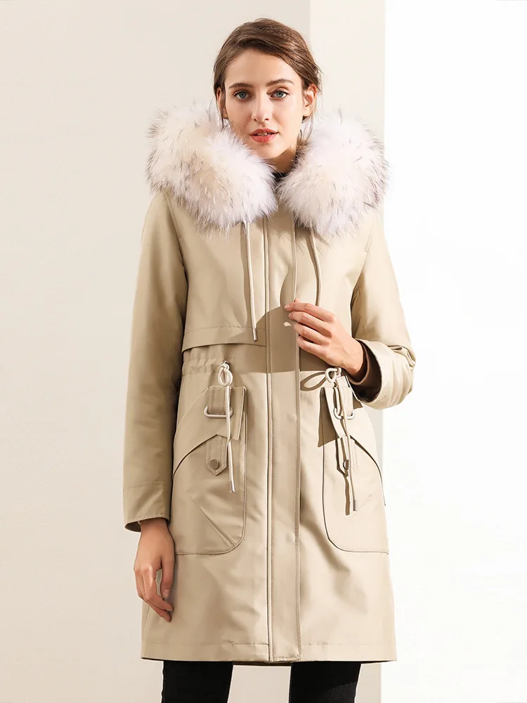 2020 большая длинная куртка с капюшоном и натуральным енотовым воротником Женское