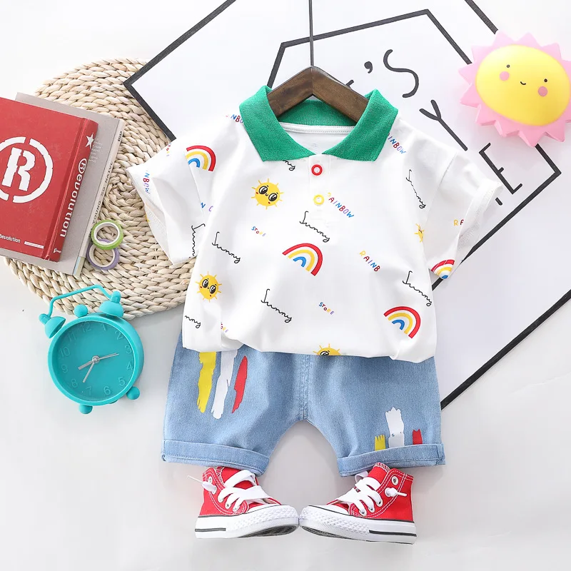 

New Kids Baby Boy Clothes Set Fashion Gentleman 0-4 Years Clothing Toddler Cute Print T-Shirts+denim Shorts Kids Summer Outfits