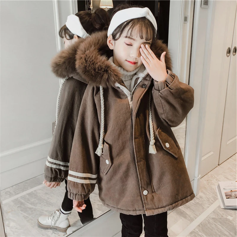 

Long Winter Girl Coat Jackets Casual Hooded Solid Warm Fur Plus Velvet Thicken Black Clothing 3-13Y Kids Windbreaker High Qualit
