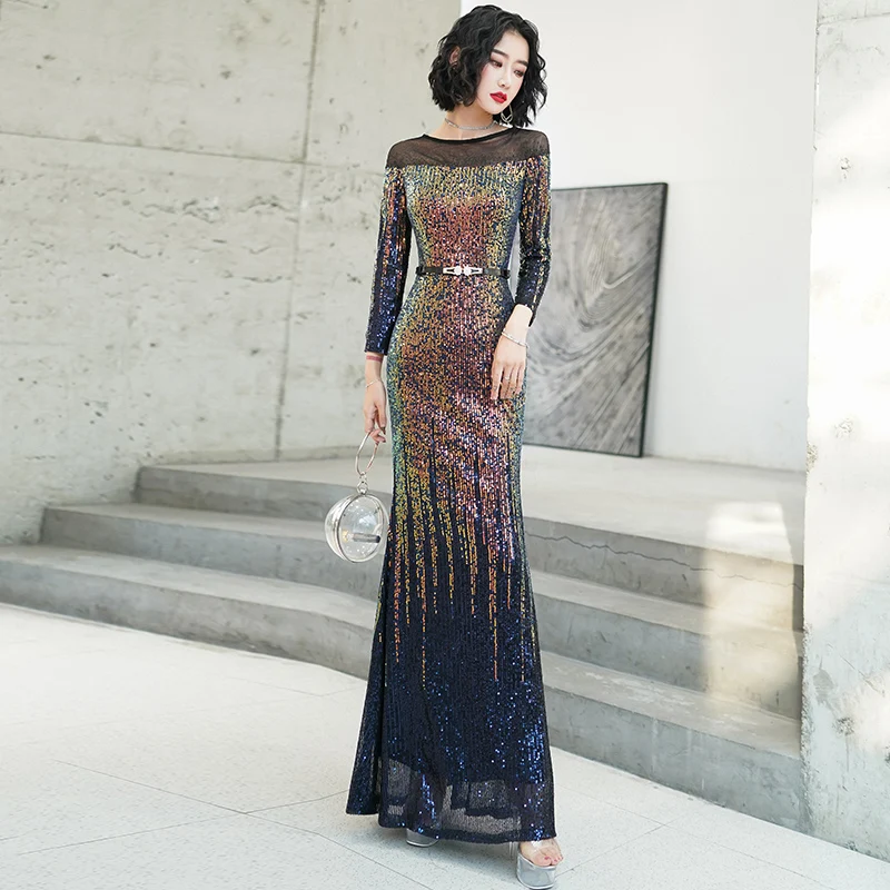 

New Sequins Full Sleeves Evening Dress O-Neck Sash Simple Floor-Length Elegant Mermaid Plus size Women Formal Party Gown C392