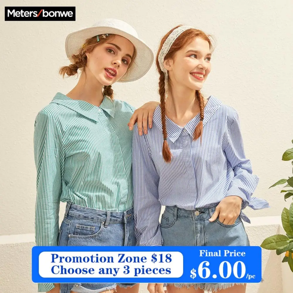 Metersbonwe Женская полосатая блузка с длинным рукавом рубашка отворотом и квадратным