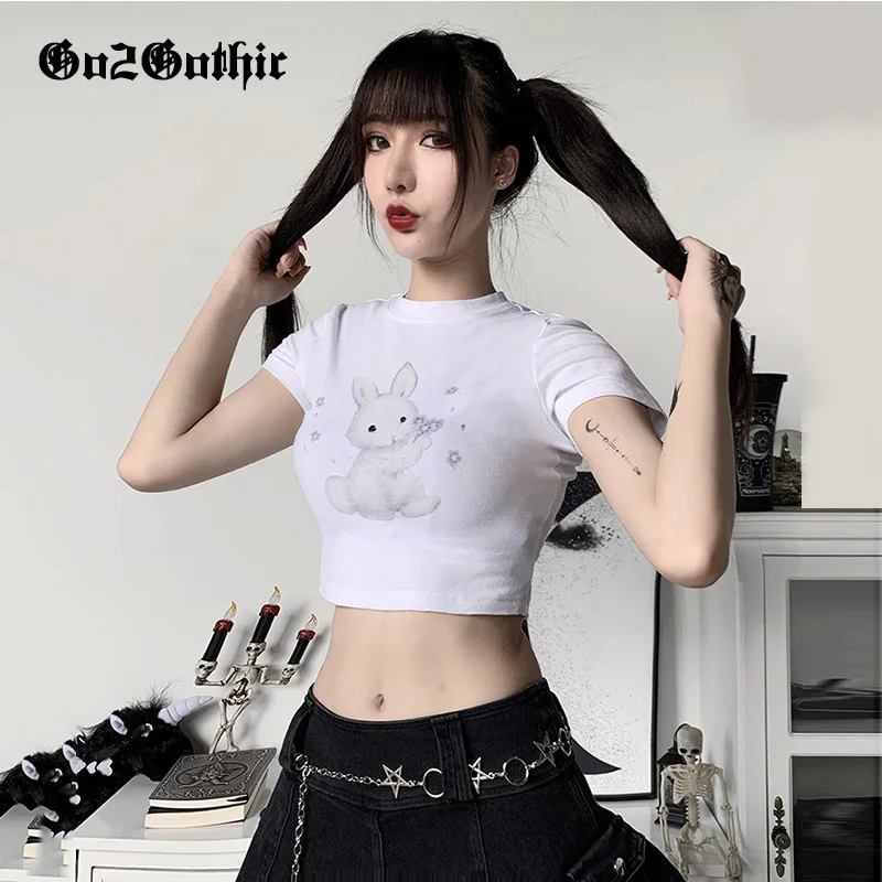 

Streetwear Cute Bunny Print White T Shirt Women Clothes Spring Summer Sexy Short Sleeve Cropped Tops Tee Slim Harajuku Crop Tops
