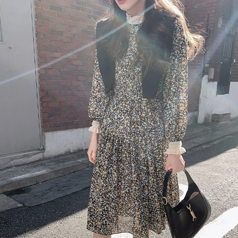 

Early Spring 2021new Super Fairy Mori Style French Overknee Skirt Women's Lace Stitching Floral Chiffon Dress