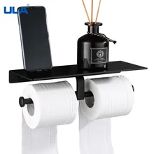 ULA Matte Black Double Paper Holder Wall Mounted Tissue Hanger Phone Rack Toilet Shelf Space Bath Accessories Rack Organizer