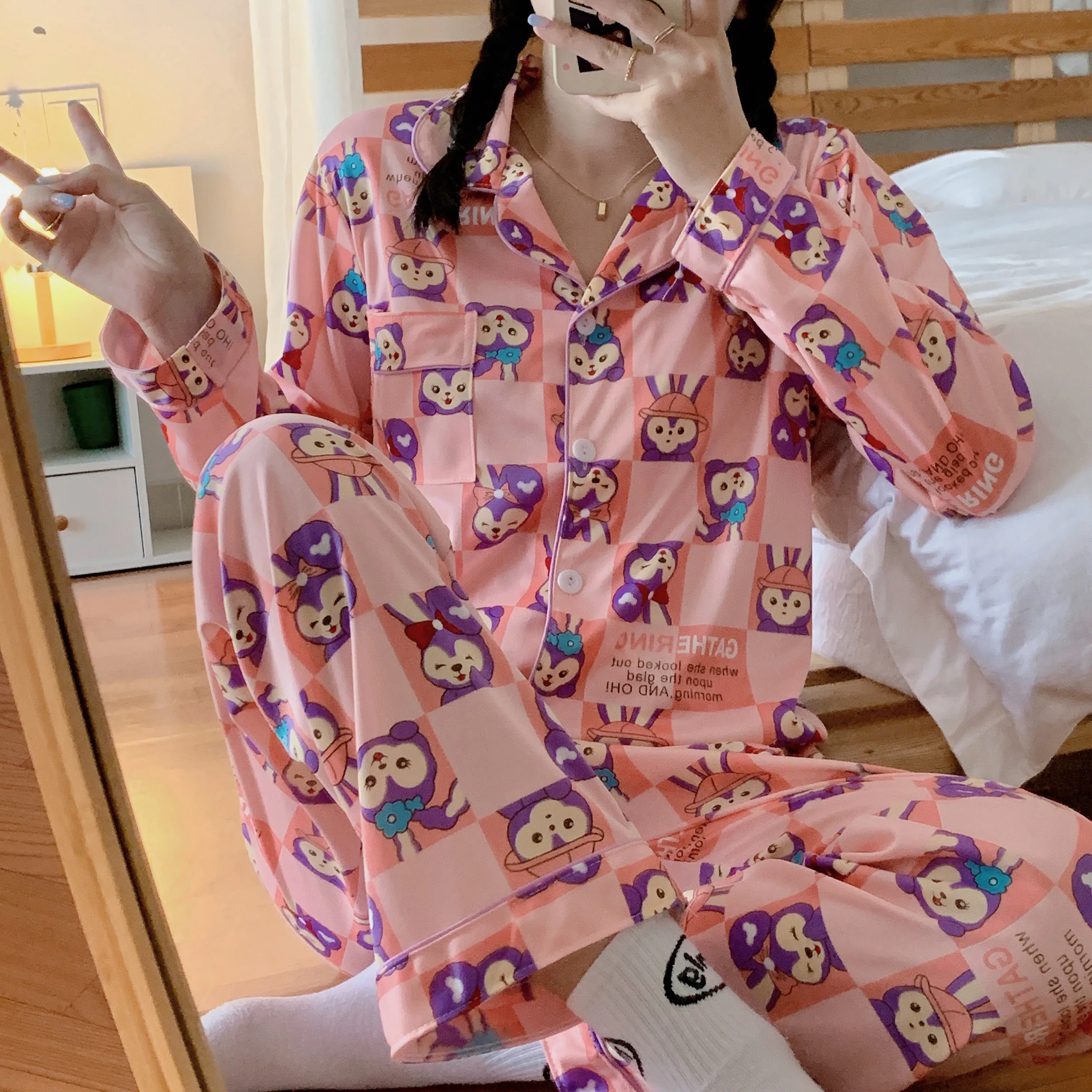 

JRMISSLI 2021 Ladies Pijama Autumn Cotton Homewear New Long-Sleeved Trousers Women Cartoon Cardigan Sleepwear Plus Size Pyjamas