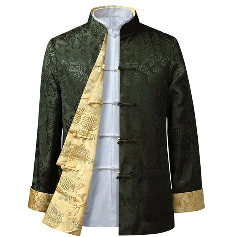 Men Shirt Tang Costume Double-sided Longsleeved Chinese Style Collar Jacket Middle-aged Older Father Reversible | Мужская одежда