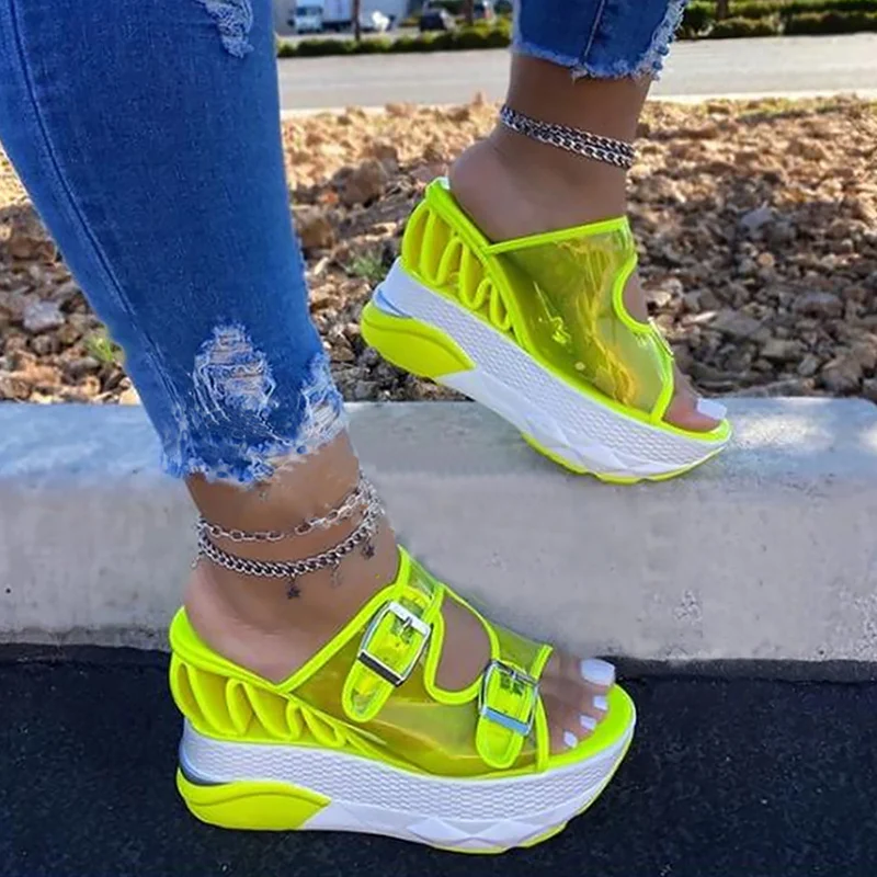 

Woman slippers Summer Platform slippers Female PVC Transparent Belt Buckle Wedges Sandals Women Plus Size 43 Green shoes 2020