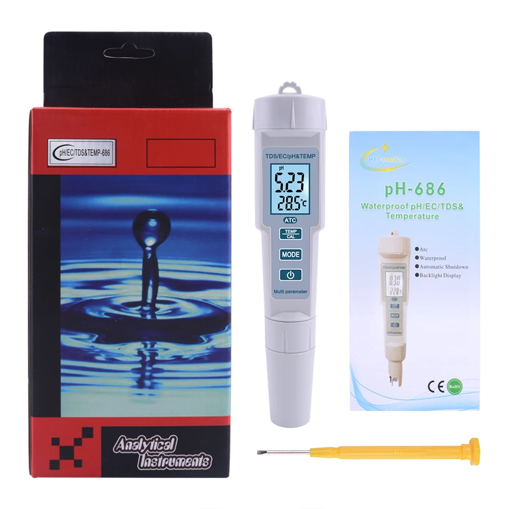 

4 in 1 EC/TDS PH TEMP Tester PH-686 Water Quality Detector Conductivity Monitor PH EC Meter for Aquarium Hydroponics