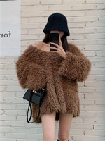 autumn winter faux wool v neck loose sweater for women high street chic woolly long sleeve jumper lady hairy long sweater