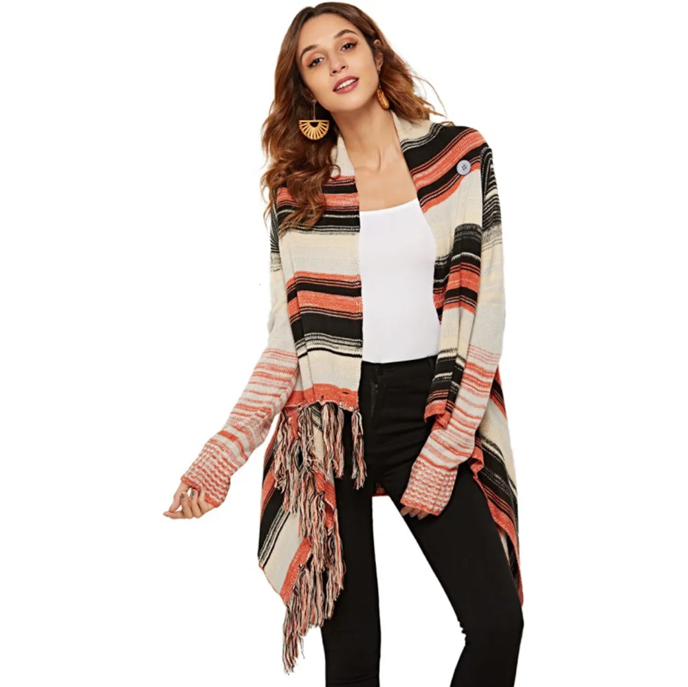 

Женский трикотажный кардиган с бахромой, асимметричный вязаный свитер в полоску с воротником-шарфом, весна-осень 2022