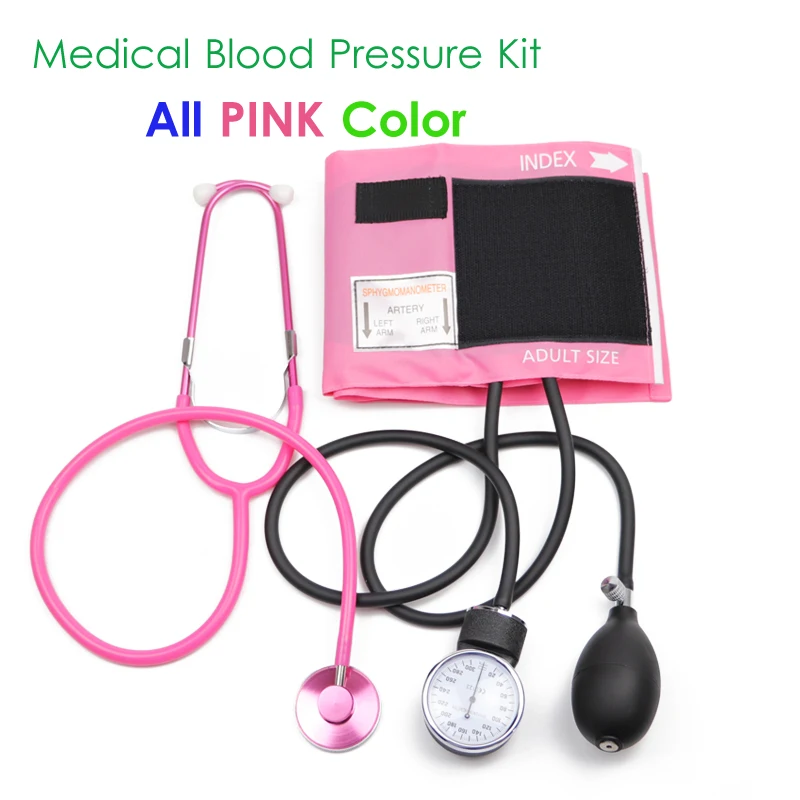 Pink Medical Health Blood Pressure Monitor BP Cuff Manometer Arm Aneroid Sphygmomanometer Gauge Meter Tool with Cute Stethoscope