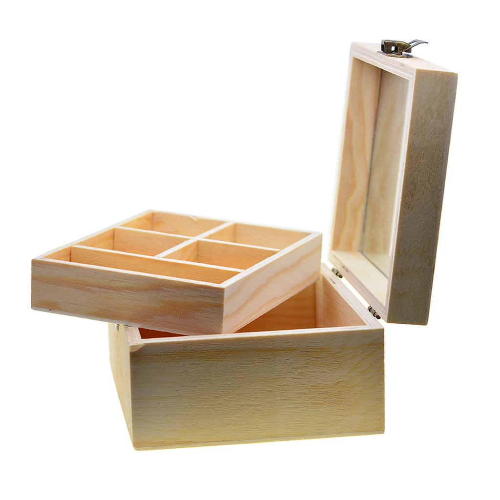 

Unfinished Wooden Box, 2 Layers Wood Jewelry Box with Glass Top Wood Box Organizer for Necklace Bracelet Earrings Cufflinks