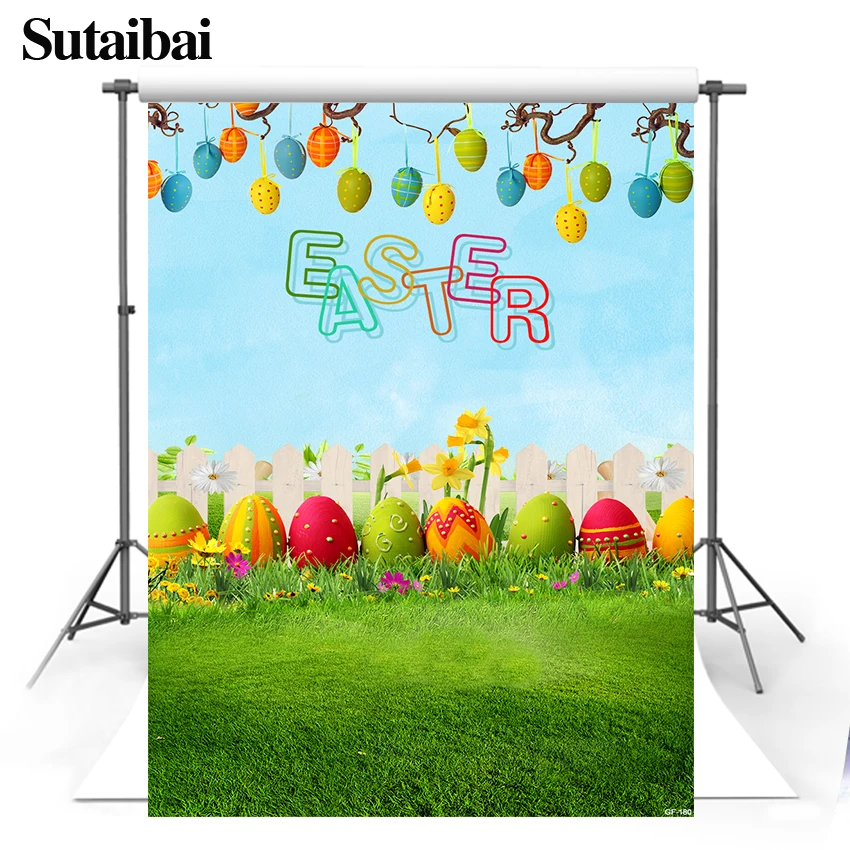 Easter Photography Background Spring Garden Wooden Fence Green Plants Colored Eggs Flowers Background Family Party Photos Props enlarge