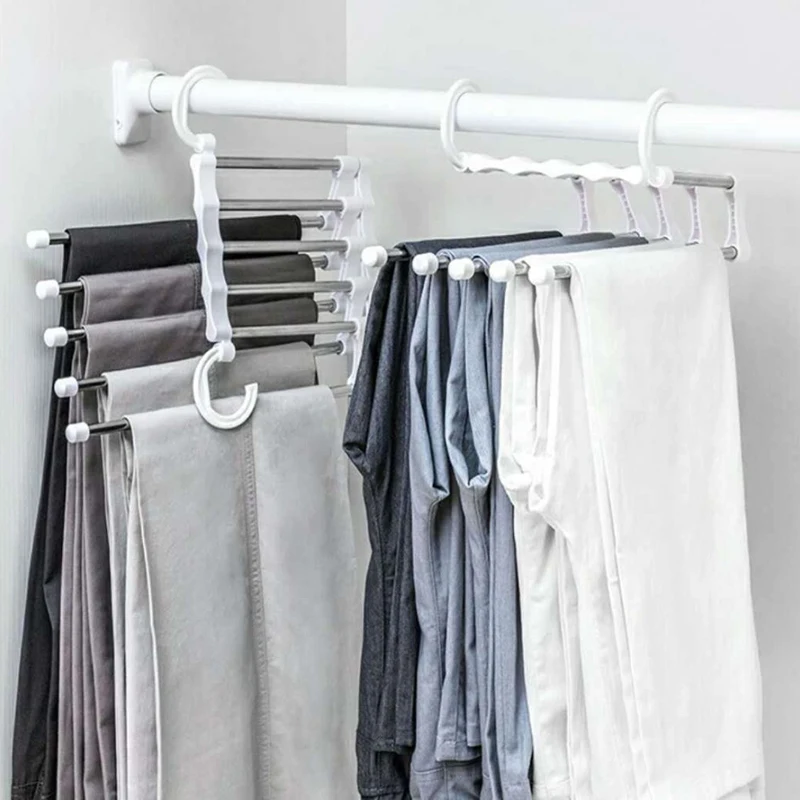 Stainless Steel Hangers Storage Tie Clips Multi-function 5 Layers Clothes Pants Rack Jeans Drying Rack Double Hooks Save Space